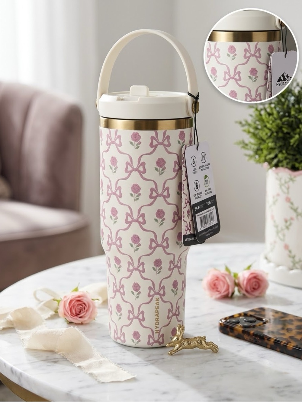 NWT Hydrapeak 32oz Nomad Tumbler Artisan Collection Rose Bow Coquette Pink Gold